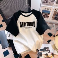 Big lie fallow cotton high street raglan sleeve T-shirt male summer popular logo ins splicing couples coat black and white