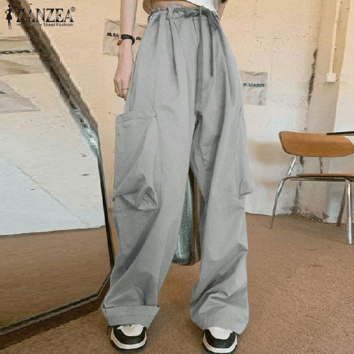 ZANZEA Korean Style Women's Pants Causal Fashion Cargo Pants Elasticated  Waist Drawstring Cool Overalls Trousers #10