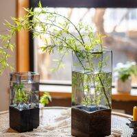 【การจัดส่งในประเทศไทย】แจกันแก้ว Wood Glass Vase, 20.5cm/30cm/35.5cm Wooden Base Cylindrical Flower Vase