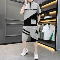 【July hot】 suit short-sleeved mens a set of splicing tops casual handsome five-point men