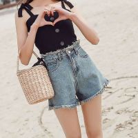 Double breasted denim shorts are thin girl with holes in students Korean style high-waist jeans