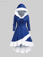 ROSEGAL 3D Knit Imprimir Fluffy Guarção Vestidos Azul 5XL Encapuzados Inverno Lace-Up Manga Comprida Vestido Assimétrico Para As Manga