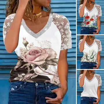 Women V-Neck Flower Print Breathable Summer Loose T-shirt Lace