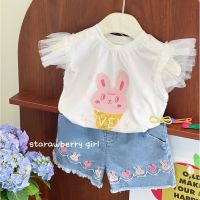 Girls Suit Set  Korean Style Flying Sleeve Cartoon Rabbit Kids Fashion T-Shirt and Embroidered Denim Shorts Two-Piece Baby Clothes