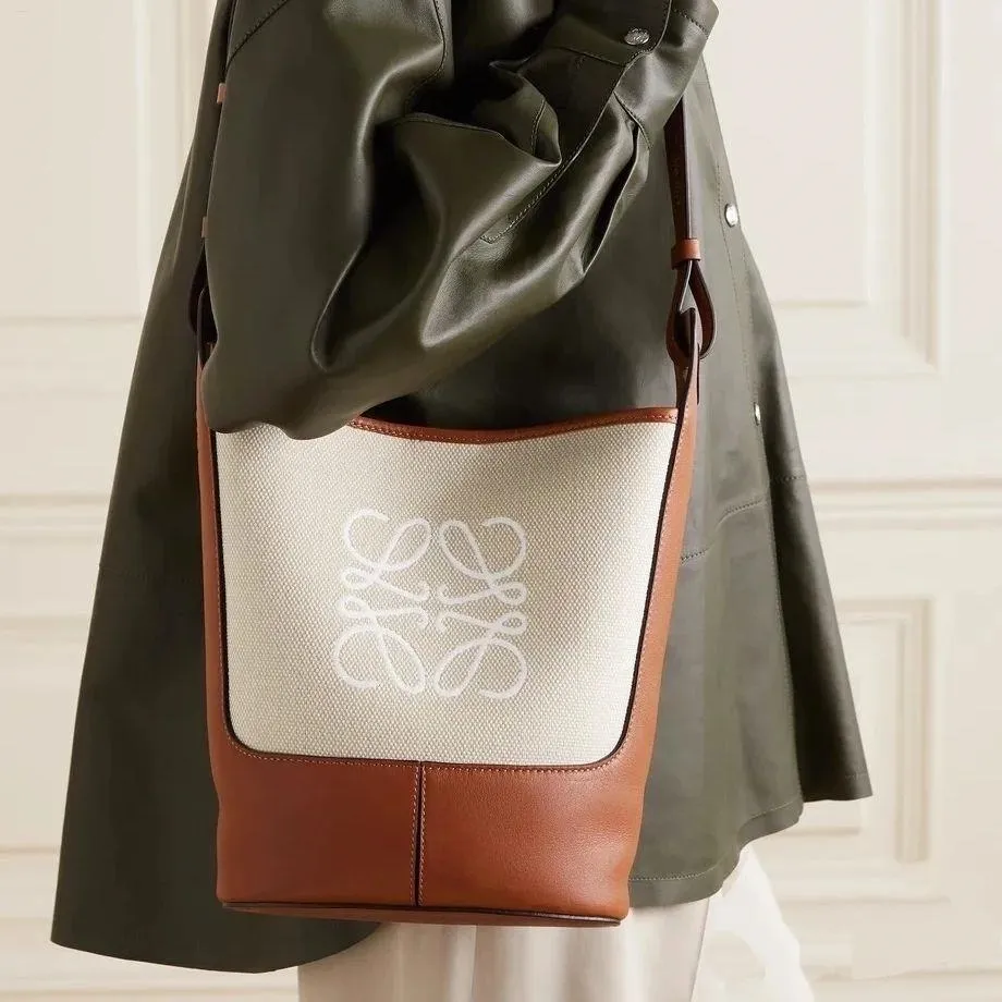 Loewe Gate Anagram-perforated Leather Bucket Bag In Black Tan