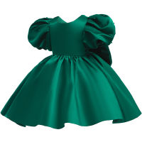 Kids Dresses for Girls Green Evening Dresses Bow Design Ball Gown Fashion Puff Sleeve Solid Children Clothes Baby Princess Dress