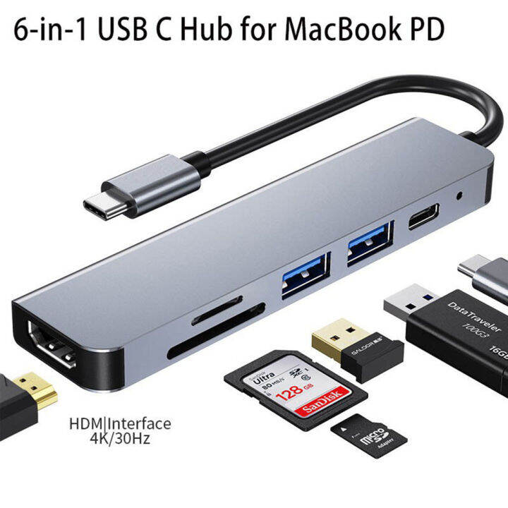 usb-c-hub-6-in-1-ประเภท-c-hub-คู่-ประเภท-c-ถึงตัวแยก-usb-3-0-hdmi-อะแดปเตอร์สำหรับ-pro-6-usb-c-port-usb-hub