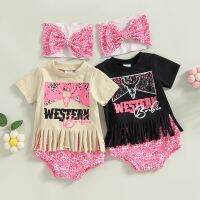 Infant Toddler Baby Girls Summer Clothes Sets Cattle Letter Print Patchwork Tassel Short Sleeve T-shirts+Shorts+Headband Outfits  by Hs2023