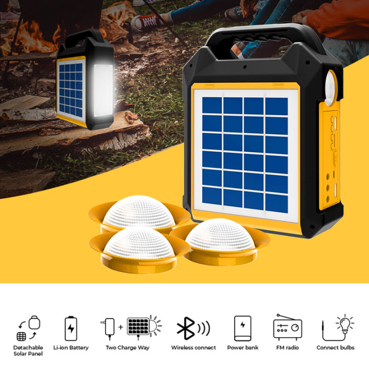 ชุดหลอดไฟโซล่าเซลล์-ไฟฉุกเฉิน-วิทยุ-fm-mp3-bluetooth-mobile-solar-อุปกรณ์จ่ายไฟกลางแจ้ง-แบตเตอร์รี่ชาร์จไฟ-ความจุ-8000mah-หลอดled-ชาร์จพลังงานแสงอาทิตย์