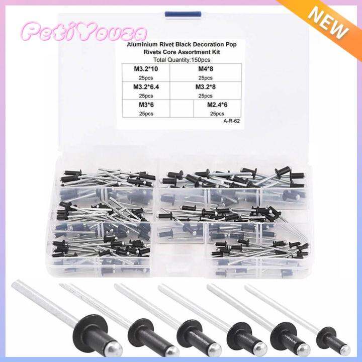 PETIYOUZA 150Pcs Black Blind Rivets Assortment Kit Aluminum Large