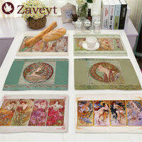 Art Nouveau Mucha Placemat Vintage โรแมนติกผ้าลินินโต๊ะรับประทานอาหาร Mats Coaster Pad ชามถ้วยกาแฟ Tablecloth 42x32CM