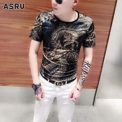 ASRV เสื้อยืดผู้ชาย เสื้อผ้าผู้ชาย t shirt for men เสื้อยืดแขนสั้นเข้ารูปพอดีคอกลมชายเสื้อยืดพิมพ์ลายมังกร3D