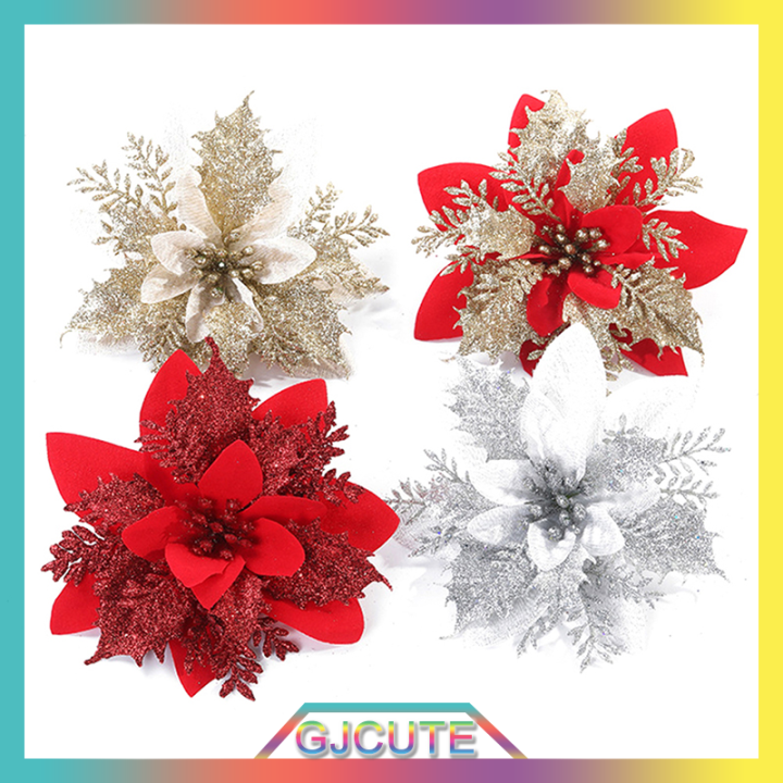 gjcute-ดอกไม้คริสต์มาสประดิษฐ์-glitter-ดอกไม้ปลอม-merry-christmas-tree-decor