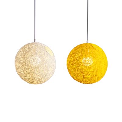 2 Pcs Bamboo, Rattan and Hemp Ball Chandelier Individual Creativity Spherical Rattan Nest Lampshade - White &amp; Yellow
