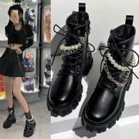 COD จัดส่งทันทีสถานียุโรป 22 ใหม่สิทธิบัตรหนัง lace-up ซิปด้านข้าง Martin boots หญิงอังกฤษรถจักรยานยนต์รองเท้าหนา soled ข้