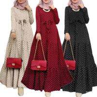 แฟชั่นผู้หญิง Polka Dot แขนยาวดูไบ PARTY abaya ชุด A-Line ชุดอิสลามตุรกีโมร็อกโก Kaftan Robe