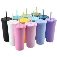 ◑● Double-layer plastic24oz straw cup frosted straight plastic juice cup rubber paint water cup solid color frosted water bottle