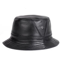 NEW RY995 Man Real Leather Fitted Flat Bucket Hats Male Outdoor Potted Short Brim BlackBrown Hip Pop Gorras Elderly Fishing Cap