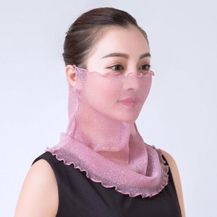 women-face-cover-masks-bright-silk-bib-neck-cover-sun-protection-hanging-ear-veil-summer-scarf-breathable-mesh-headbandth