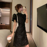 ปรับปรุง Cheongsam ภาษาฝรั่งเศสคำ Vintage Design High Sense Bubble Sleeve Dress ฤดูร้อน2023ใหม่ผู้หญิงฤดูใบไม้ร่วง Little Black Dress Evening Dress