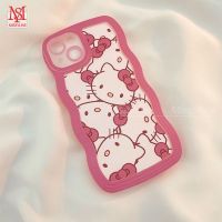 เคสโทรศัพท์สำหรับ iPhone 14 13 12 11 Pro Max,iPhone 7 8 Plus iPhone 14 Plus การ์ตูนแมวคิตตี้น่ารักสวัสดี Kitty สีลูกอมเวฟขอบเคสเคสมือถือ TPU ฝาหลังกันตก