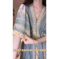 เสื้อผ้าแฟชั่นสำหรับสุภาพสตรี Tenderness 2023 to a piece of atmosphere feeling blue v-neck beach vacation wind summer dress