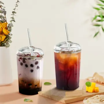 1/2Pcs Glass Cup with Lid and Straw Bubble Tea Cup Transparent Glasses Cup  Ice Coffee Mugs Beer Cola Milk Boba Cup Drinking Cup