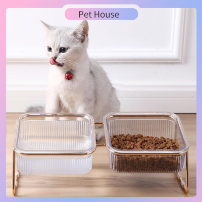 ชามคู่แมว ชามสัตว์เลี้ยงสำหรับอาหารและน้ำพลาสติกสูงจานพร้อมขาตั้งสำหรับสุนัข-แมว ขนาดเล็ก ถ้วยข้าวแมว ชามข้าวแมว