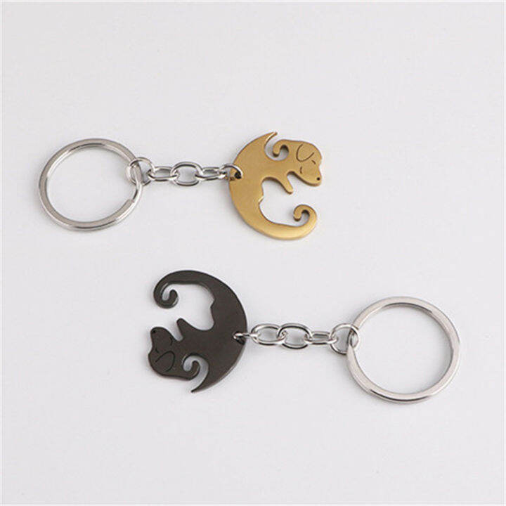 2pcs-accessories-backpack-cute-stainless-steel-couple-lovers-charm-car-dog-patchwork-heart-keyring-keychain