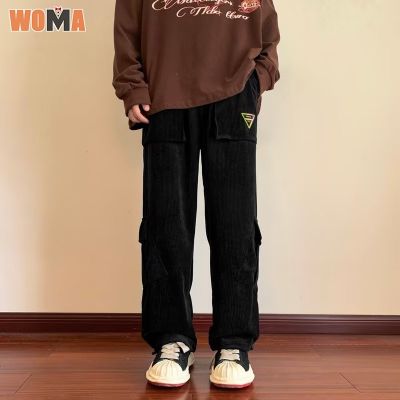 WOMA กางเกงคาร์โก้ กางเกงขายาวลำลองสไตล์ญี่ปุ่นสำหรับผู้ชาย,ชุดเอี๊ยมขาตรงหลวมกางเกงลำลองหนา