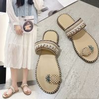 Foreign trade Bohemia summer cooling dragged female new pineapple pearl diamond clip toe in the seaside beach shoes with flat