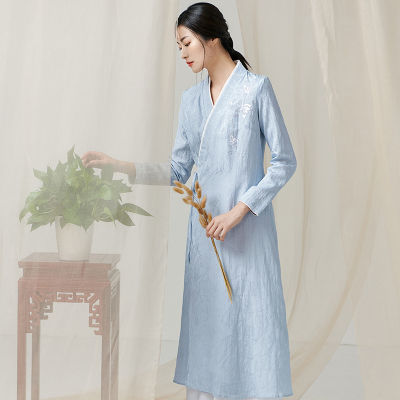Qing Shuzhai ปรับปรุงชุดข้ามคอสีฟ้าปักสไตล์จีนผู้หญิงอารมณ์พร็อพกระโปรง Midi