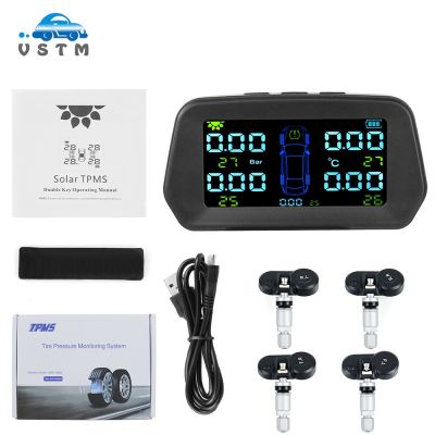 ∈♧✔ TPMS Tire Pressure Alarm Monitor Solar Power Tyre Pressure Monitoring System with 4 External Sensors Auto Alarm Security