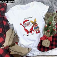 【New】คริสต์มาสMerry Christmas เสื้อยืด ซานต้าน่ารัก กวางเรนเดียร์น่ารักเสื้อยืดคอกลมพิมพ์ลายการ์ตูนคริสต์มาส t-shirt No.059
