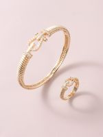 1 womens new Euro-American 14K gold plated copper vintage steel wire belt buckle micro inlaid bracelet ring set