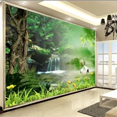 Custom 3D Green Forest Waterfall Natural Scenery Mural Wallpaper