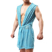 Mens Mesh Fishnet Robes Hooded Bathrobes Homewear Nightwear Hollow Out Mens Robe Wrestling Singlet