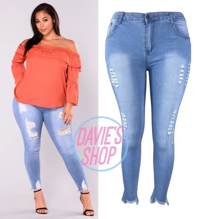 Plus Size HighWaist Tattered Jeans Ankle Cut Stretchable Pants Ripped ...