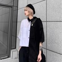 Womens shirt Summer Harajuku bf wind retro stitching student loose short-sleeve shirts turn-down collar oversized t-shirt