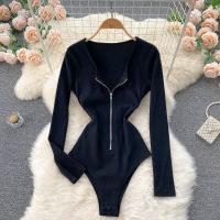 Long Sleeve Bodysuit Women Solid Zipper up V-neck Slim Body Top 2021 New Spring Autumn Skinny Ribbed Outfits Female Jumpsuits