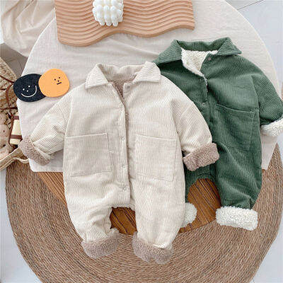 Winter unisex baby inner lamb wool corduroy jumpsuits children toddler fashion turn-down collar thicken warm outwear overalls