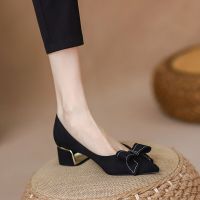 Big dongdan shoes women fall 2022 new thick with bowknot pointed soft bottom lighter heels female professional work