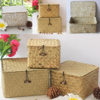 New Handmade Straw Woven Storage Basket With Lid Sundries Storage Box Wicker Makeup Organizer Food Container Clothes Storage