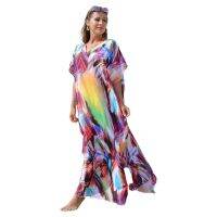 ผู้หญิงวันหยุดแขน Batwing ตุรกี Kaftan สีสันบทคัดย่อพิมพ์ V คอชุดว่ายน้ำ Cover Up Beach Maxi Dress Robe