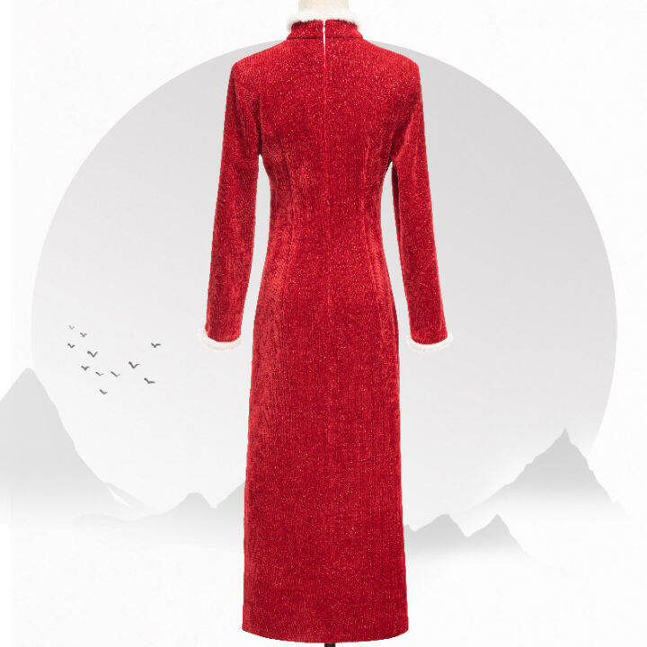 cw-autumn-and-winter-red-cheongsam-chinese-style-2023-new-years-greetings-r-thickened-chenille-improved-qipao-dress-for-women