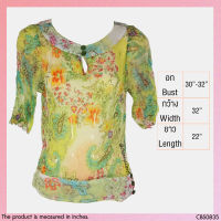 USED - Sheer Green Floral Seersucker Top | เสื้อแขนสั้นสีเขียว สีส้ม เสื้อซีทรู เสื้อผ้าย่น ลายดอก ทำงาน วินเทจ มือสอง