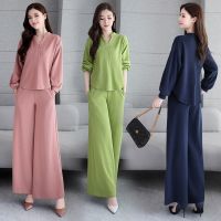 COD DSFGERRTYTRRE 2023 New Fashion Casual Sportswear Suit Women Spring Autumn Loose Korean Solid Color Long-sleeved Shirt High-waist Long Wide-leg Pants