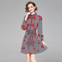 Vintage Print Office Dress Women Sexy O-Neck Short Sleeve High Waist Lace-up Split Irregular Bodycon Summer Dresses