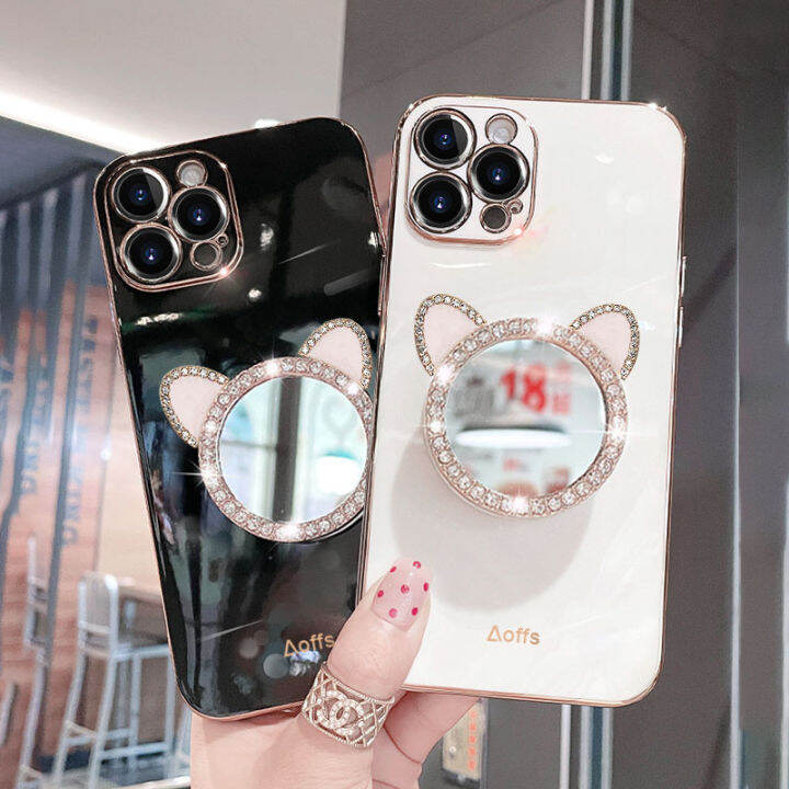 jiefie-เคสน่ารักสำหรับ-xiaomi-redmi-note-11-11s-11-pro-note-10-10s-10-pro-note-9-9s-9-pro-กระจกแต่งหน้าเคสโทรศัพท์-chrome-glossy-soft-tpu-ฝาครอบโทรศัพท์สี่เหลี่ยมพร้อมขาตั้งโทรศัพท์