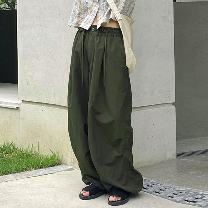 Women Low Waisted Cargo Pants Trendy Drawstring Wide Leg Jogger Trousers  Hippie Punk Loose Fit Streetwear with Pockets 